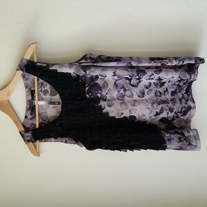 KENSIE black floral ruffle sleeveless top chiffon Sz L whimsigoth office flowy